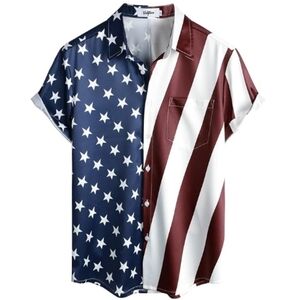 Hawaiian Flamingo Casual Tropical Short Sleeve Shirt American Flag